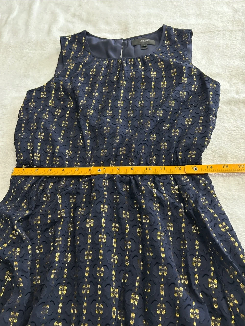 J Crew Silk Blend Textured Dress Size 2 Navy Blue Gold Chiffon Tiered Sleeveless